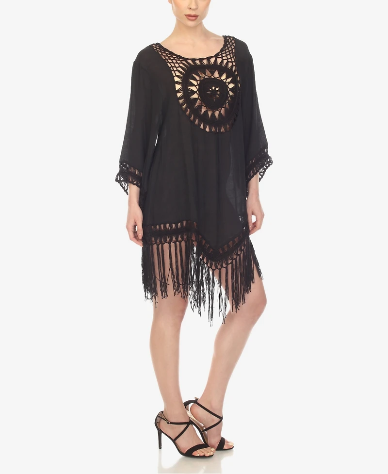 White Mark Women's Crocheted Fringed Trim 3/4 Sleeves Cover Up Dress