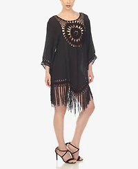 White Mark Women's Crocheted Fringed Trim 3/4 Sleeves Cover Up Dress