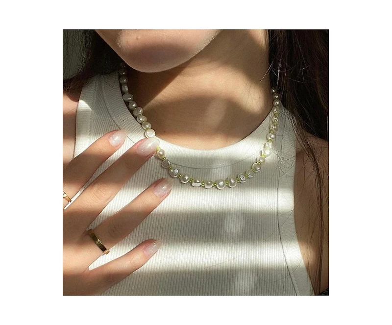 18K Gold Plated Freshwater Pearls with Green Glass Beads- Green Bean Necklace 17" For Women