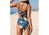 Cupshe Women's Lace-Up Bralette & Ruched High Waist Bikini Set