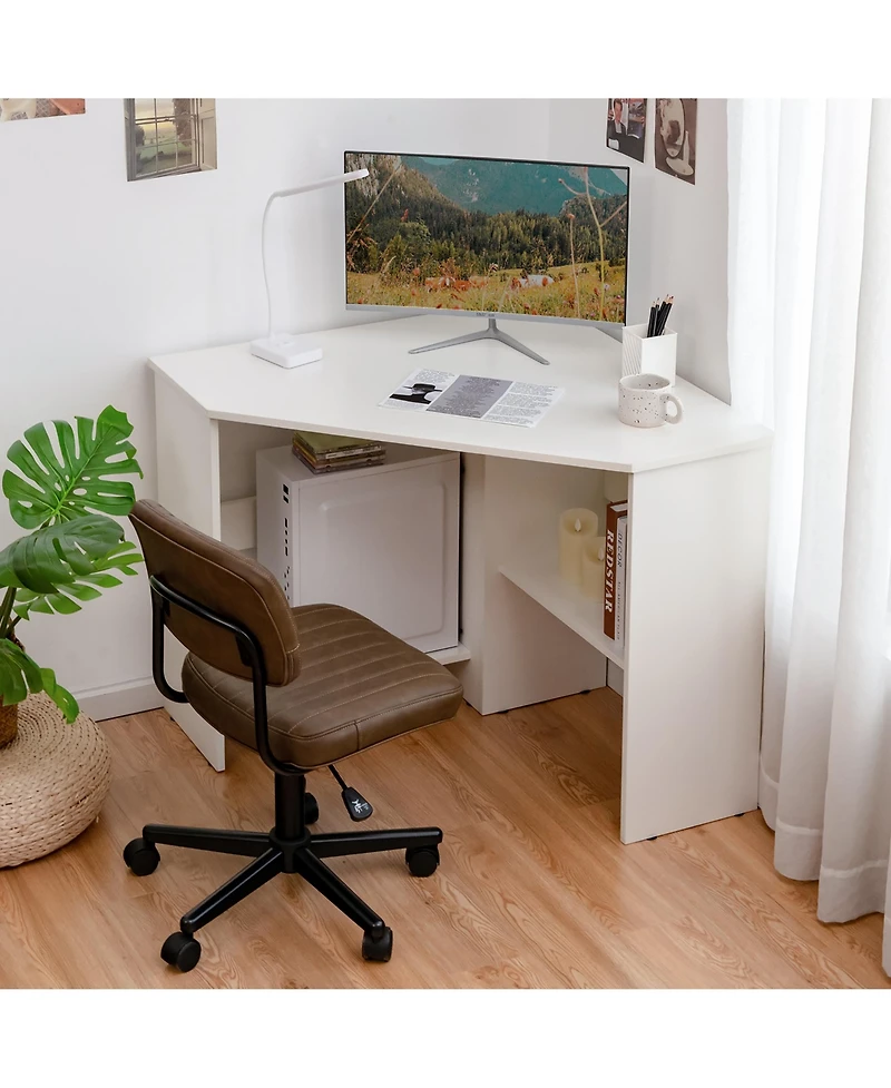 Costway Corner Computer Desk Triangle Writing Workstation w/ Storage Shelf