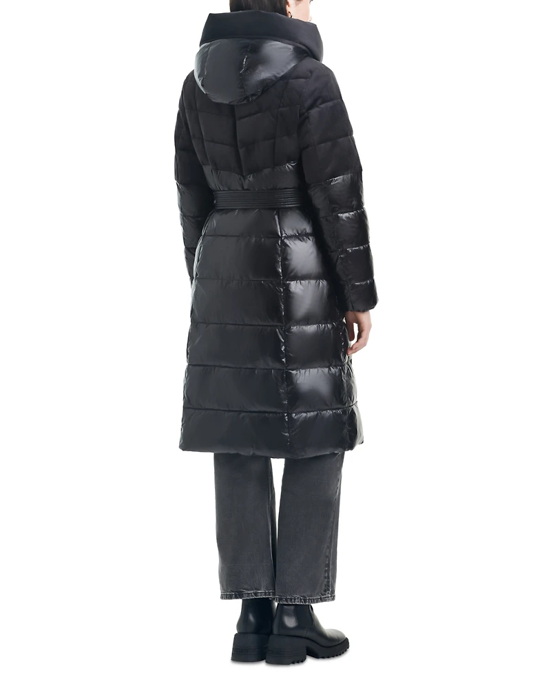 Vince Camuto Women's Velvet Mix Belted Hooded Puffer Coat