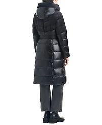 Vince Camuto Women's Velvet Mix Belted Hooded Puffer Coat