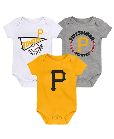 Infant Boys and Girls Gold, White, Heather Gray Pittsburgh Pirates Biggest Little Fan 3-Pack Bodysuit Set