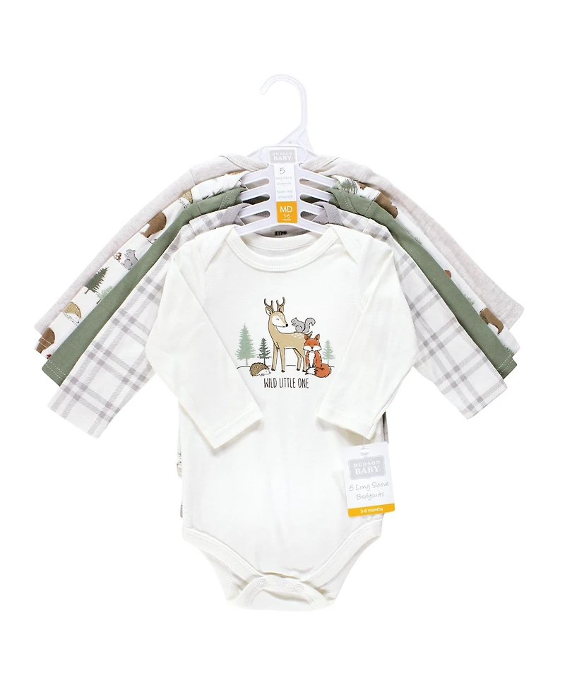 Hudson Baby Boys Cotton Long-Sleeve Bodysuits, Forest Animals 5-Pack, 0-3 Months