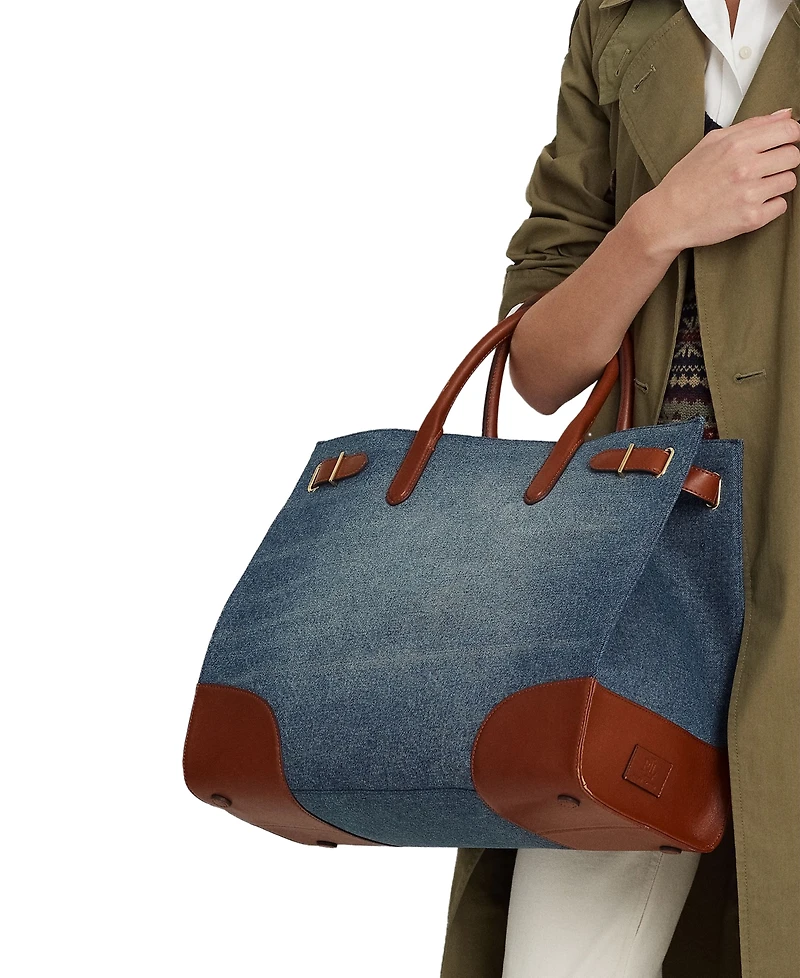 Lauren Ralph Lauren Devyn Denim with Leather Trim Extra-Large Tote Bag
