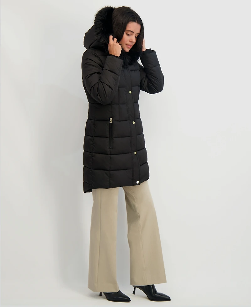 Tahari Womens Velvet Bibbed Faux-Fur Hooded Puffer Coat