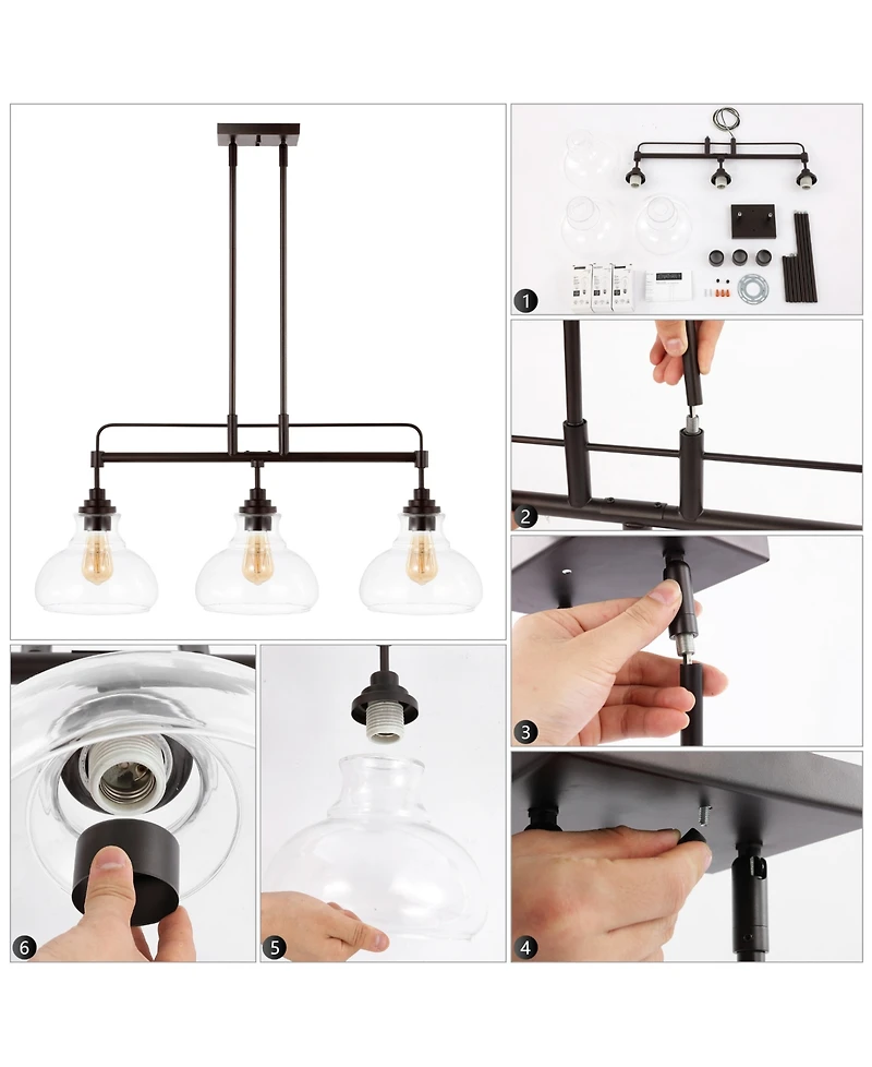 Marlowe 32.5" 3-Light Farmhouse Industrial Iron, Glass Linear Led Pendant