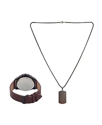 American Exchange Men's Analog, Three-Hand Quartz Matte Brown Leather Strap Watch 48mm Gift Set