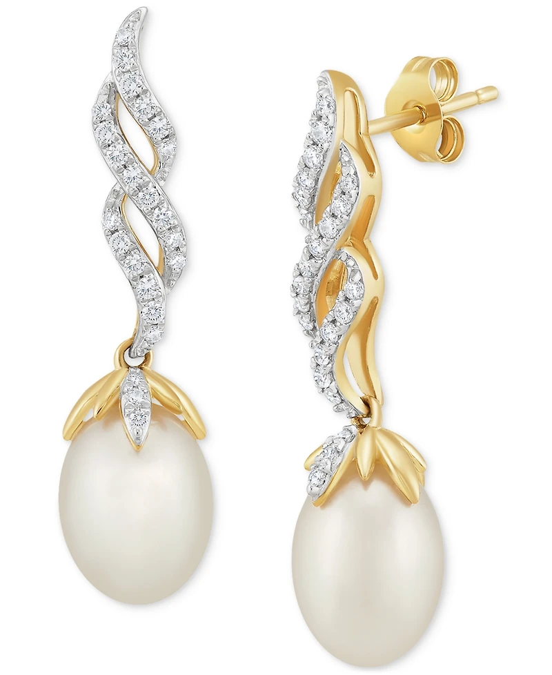 Honora Cultured Freshwater Pearl (7 - 7 1/2mm) & Diamond (1/5 ct. t.w.) Twist Drop Earrings in 10k Gold