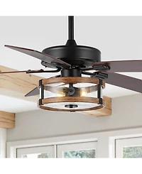 Joanna 52" 2-Light Rustic Industrial Iron, Wood, Seeded Glass Mobile-App, Remote-Controlled Led Ceiling Fan