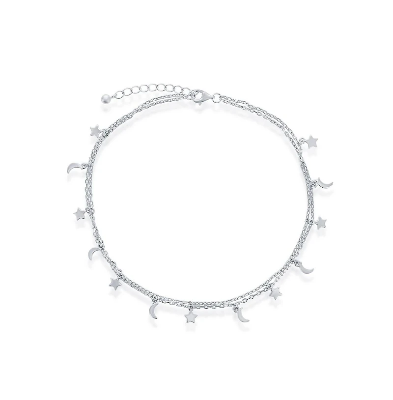 Simona Sterling Silver Moon and Star Double Strand Anklet