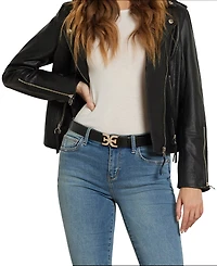 Sam Edelman Women's Imitated Pearl Embellished Double-e Plaque Buckle Belt