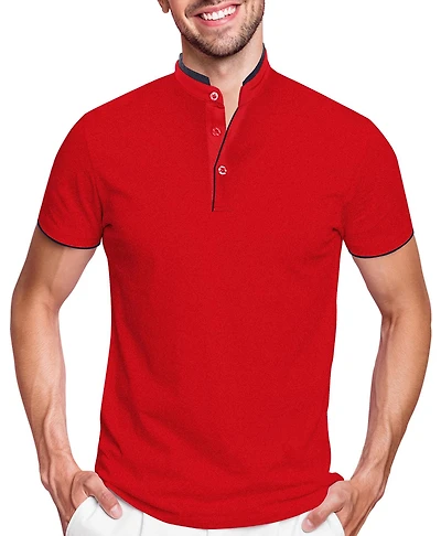 Men's Short Sleeve Henley Polo Shirt with Contrast-Trim