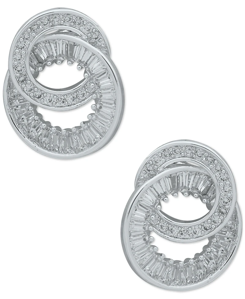 Anne Klein Silver-Tone Cubic Zirconia Double Circle Button Earrings