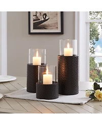 Danya B Contemporary 3-Piece Candle Holder Set with Clear Glass Hurricanes and Textured Metal Base