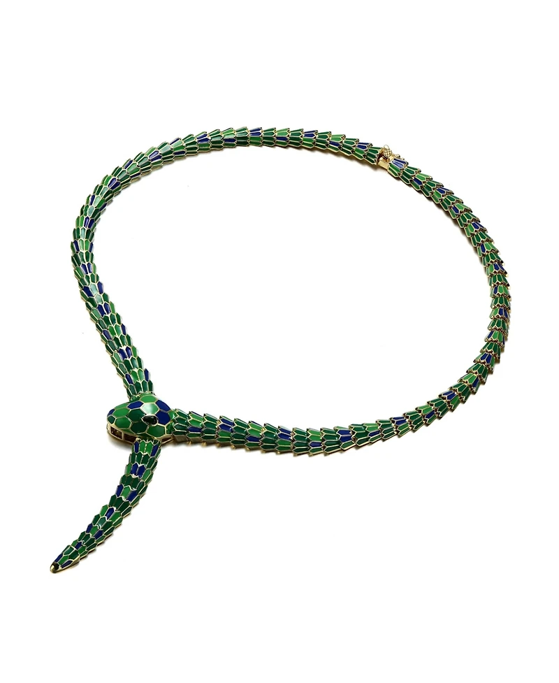 Enchanting Green Cubic Zirconia Snake Collar Necklace in 14k Yellow Gold Plating with Blue & Green Enamel