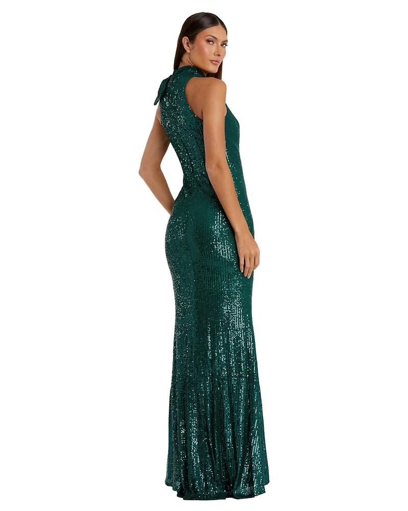 Mac Duggal Women's Ieena Sequined Soft Tie Halter Neck Column Gown
