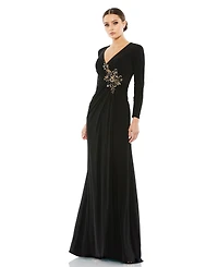 Mac Duggal Women's Faux Wrap Long Sleeve Gown w/ Applique Detail