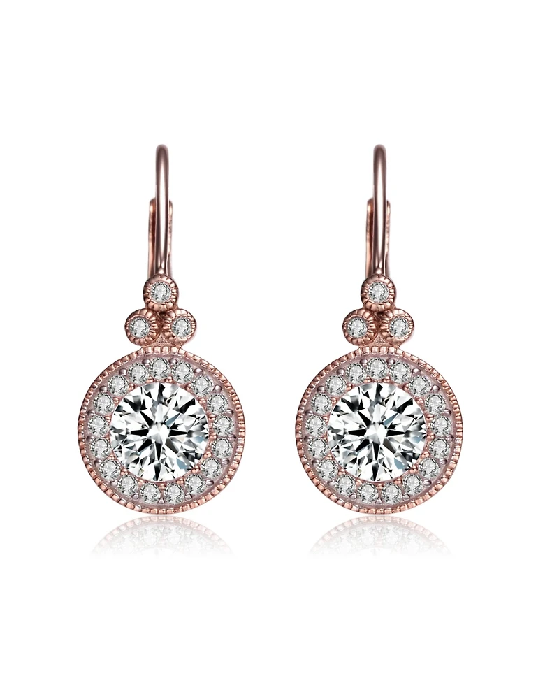 18k Rose Gold Plated with Cubic Zirconia Antique Drop Huggie Hoop Earrings in Sterling Silver
