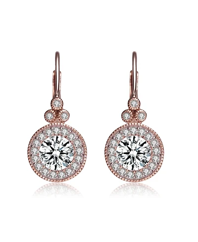 18k Rose Gold Plated with Cubic Zirconia Antique Drop Huggie Hoop Earrings in Sterling Silver