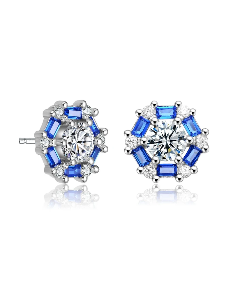 Sterling Silver With Round Baguette Cubic Zirconia Stud Earrings