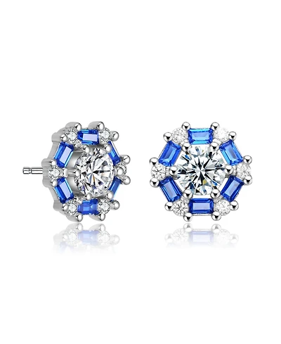 Sterling Silver With Round Baguette Cubic Zirconia Stud Earrings