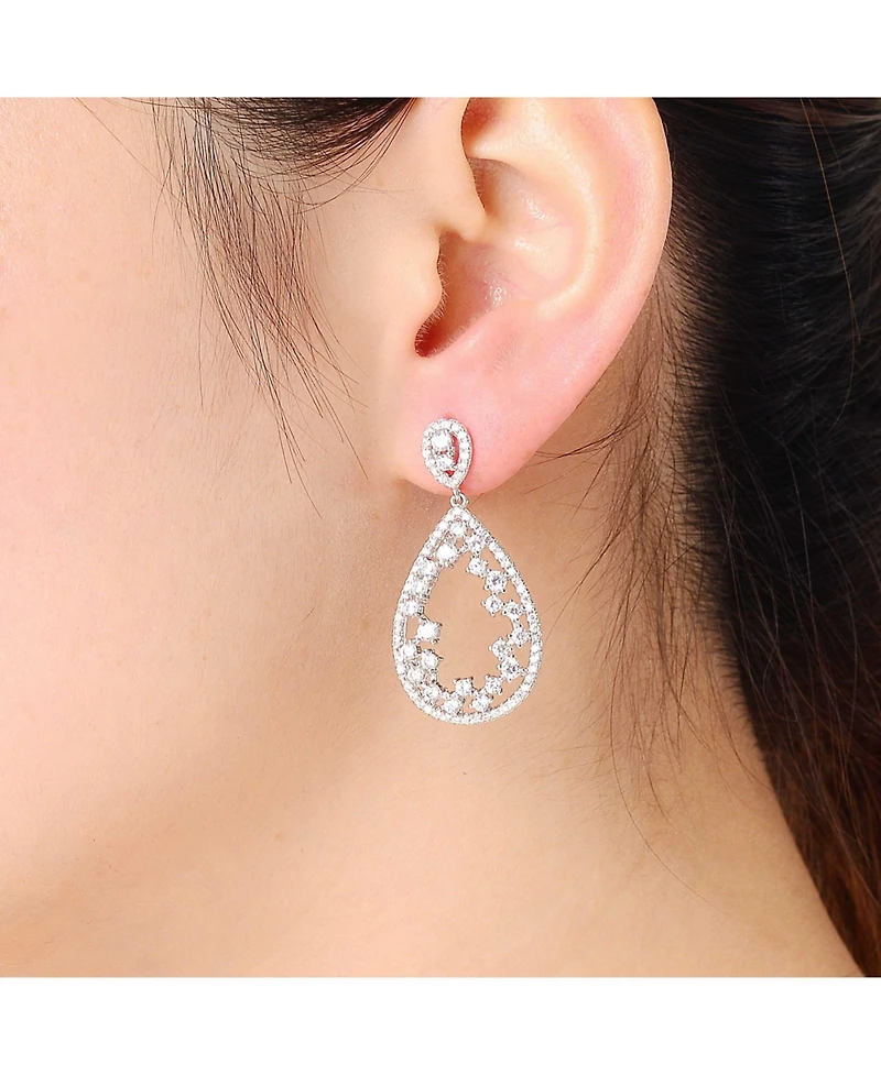 Sterling Silver Teardrop Shaped Clear Cz Accent Drop Earrings
