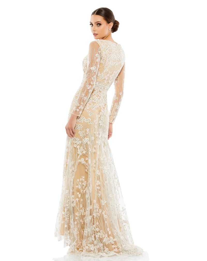 Mac Duggal Women's Embroidered V Neck Long Sleeve Trumpet Gown