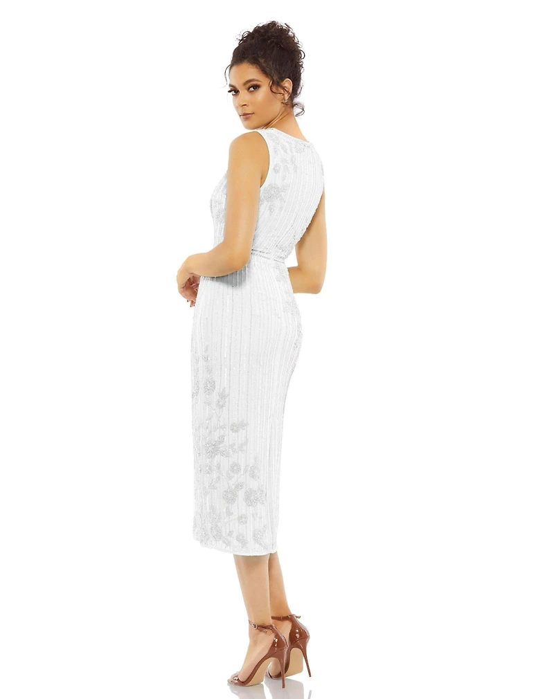 Mac Duggal Women's Striped Floral Embellished Sleeveless Midi Dress