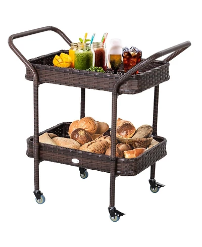 Outsunny Rattan Wicker Serving Cart with 2-Tier Open Shelf, Outdoor Wheeled Bar Cart with Brakes for Poolside, Garden, Patio