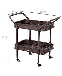 Outsunny Rattan Wicker Serving Cart with 2-Tier Open Shelf, Outdoor Wheeled Bar Cart with Brakes for Poolside, Garden, Patio
