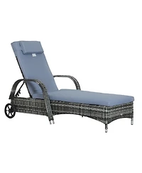 Outsunny Reclining Chaise Lounge Chair, Thickly Cushioned, Headrest, Armrests, Rolling Outdoor Plastic Rattan Sun Bathing Chair with Wheels for Poolsi