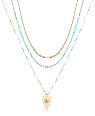 Unwritten 14k Gold Flash Plated Reconstituted Turquoise Stone and Evil Eye Heart Layered Pendant Necklaces, 3 Piece Set