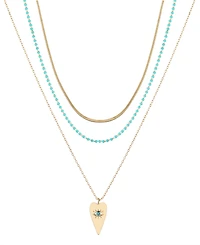 Unwritten 14k Gold Flash Plated Reconstituted Turquoise Stone and Evil Eye Heart Layered Pendant Necklaces, 3 Piece Set