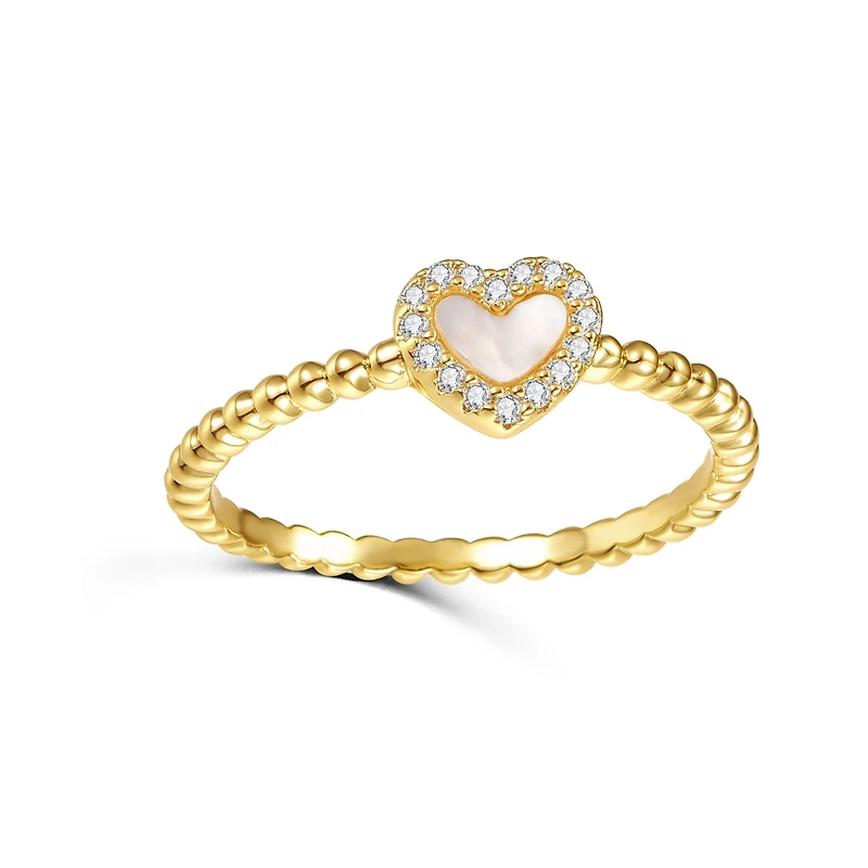 GiGiGirl 14k Yellow Gold Plated with Mother of Pearl & Cubic Zirconia Beaded Band Promise Stacking Ring