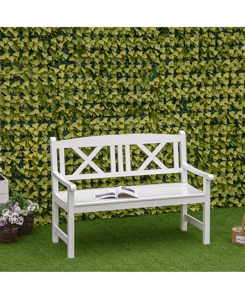 Outsunny 2-Seater Wooden Garden Bench, 4FT Outdoor Patio Loveseat with Unique X-Shape Back for Yard, Lawn, Porch, White