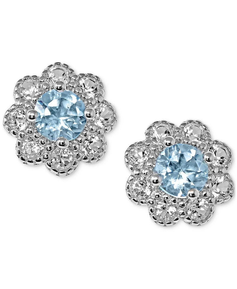 Aquamarine (3/8 ct. t.w.) & White Topaz (3/8 ct. t.w.) Flower Stud Earrings in Sterling Silver