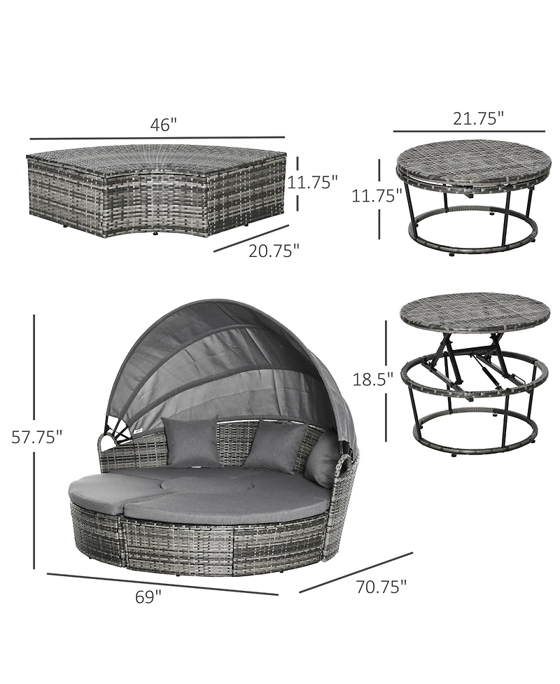 Outsunny 4pc Rattan Patio Furniture Set, Round Convertible Daybed or Sunbed, Adjustable Sun Canopy, Sectional Outdoor Sofa, 2 Chairs