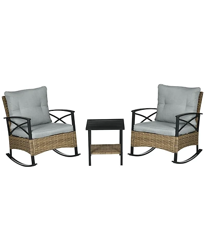 Outsunny 3pc Rocking Chair Set w/ Cushions, Wicker Bistro Set, Light
