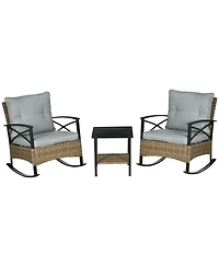 Outsunny 3pc Rocking Chair Set w/ Cushions, Wicker Bistro Set, Light