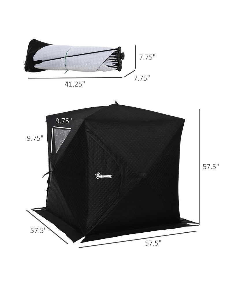 Outsunny 2 Person Ice Fishing Shelter with Padded Walls, Thermal Waterproof Portable Pop Up Ice Tent with 2 Doors, Black