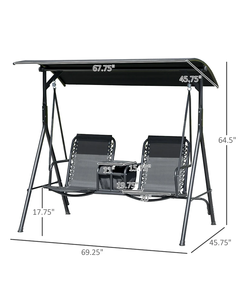 Outsunny 2-Seat Patio Swing Chair, Outdoor Canopy Swing Glider with Pivot Storage Table, Cup Holder, Adjustable Shade, Bungie Seat Suspension and Weat