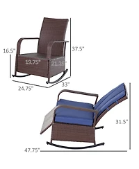 Outsunny Outdoor Rattan Wicker Rocking Chair Patio Recliner with Soft Cushion, Adjustable Footrest, Max. 135 Degree Backrest, Blue