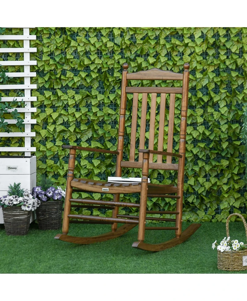 Outsunny Traditional Wooden High-Back Rocking Chair for Porch, Indoor/Outdoor, Brown