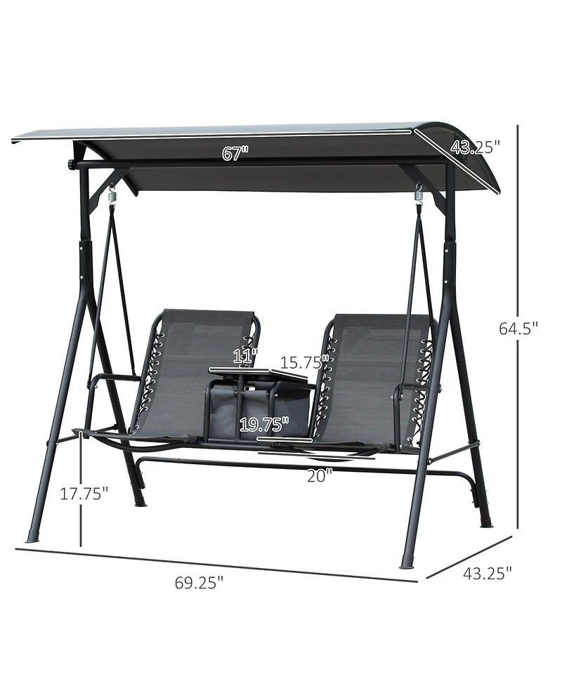 Outsunny 2-Seat Patio Swing Chair, Outdoor Canopy Swing Glider with Pivot Storage Table, Cup Holder, Adjustable Shade, Bungie Seat Suspension and Weat
