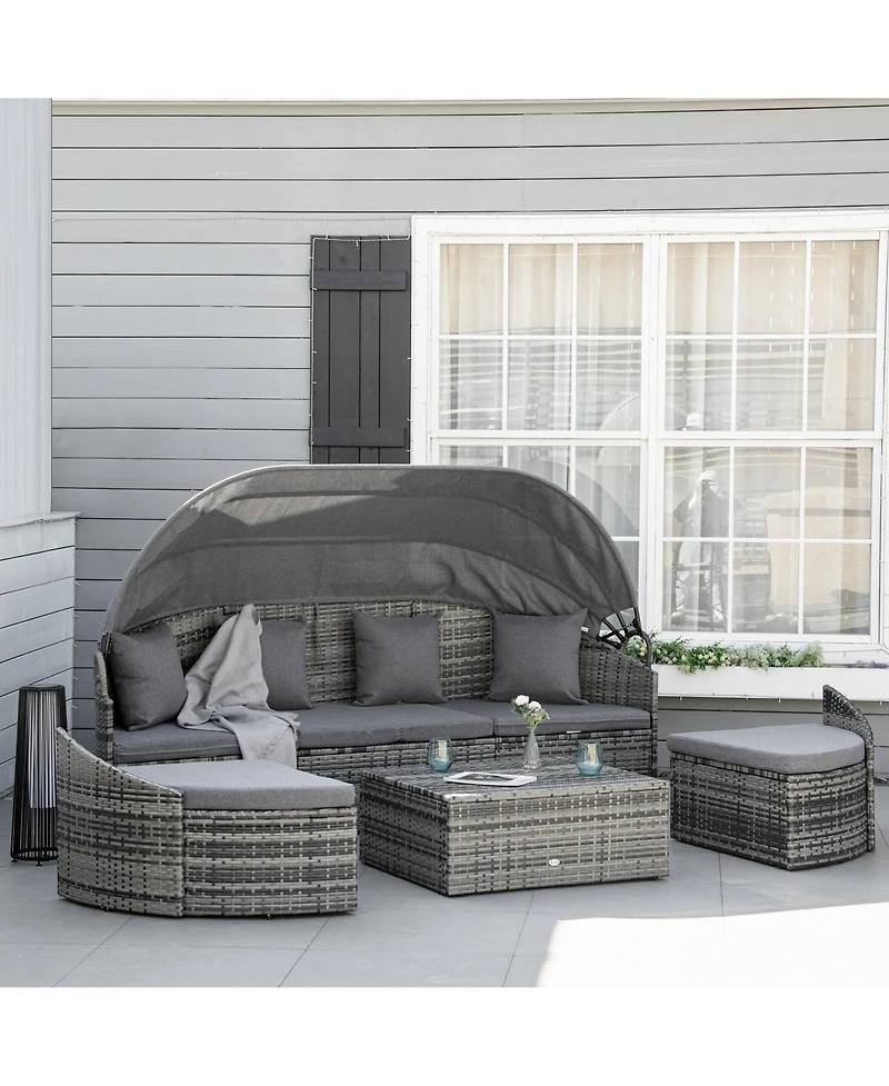Outsunny 4-Piece Outdoor Rattan Furniture Set, Round Convertible Patio Daybed or Sunbed, Sectional Sofa with Canopy, Pillows, Cushions, Footrest, Tabl