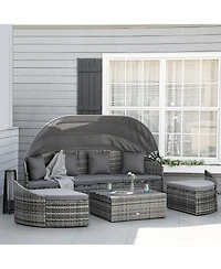 Outsunny 4-Piece Outdoor Rattan Furniture Set, Round Convertible Patio Daybed or Sunbed, Sectional Sofa with Canopy, Pillows, Cushions, Footrest, Tabl