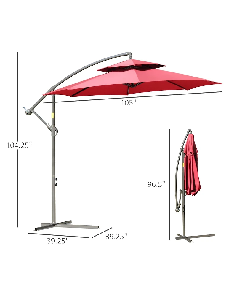 Outsunny 9' 2-Tier Cantilever Umbrella with Crank Handle, Cross Base and 8 Ribs, Garden Patio Umbrella for Backyard, Poolside, and Lawn, Red