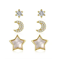 Stunning 3-Piece Astrological Zodiac Galaxy Stud Earrings Set in 14k Yellow Gold Plating with Mother of Pearl & Cubic Zirconia